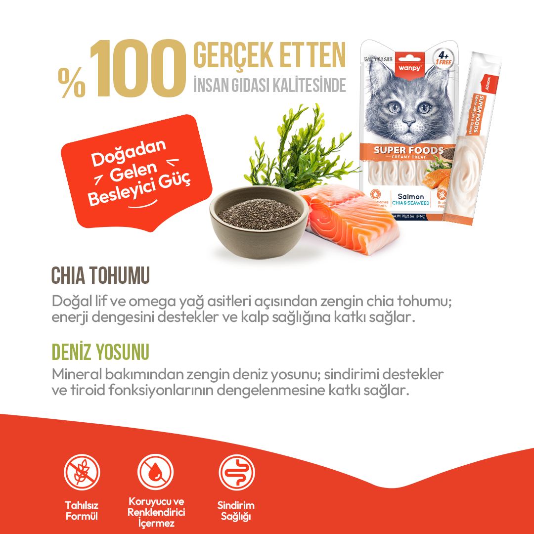 Wanpy Superfood Somonlu, Chia & Deniz Yosunlu Krema Kedi Ödülü
