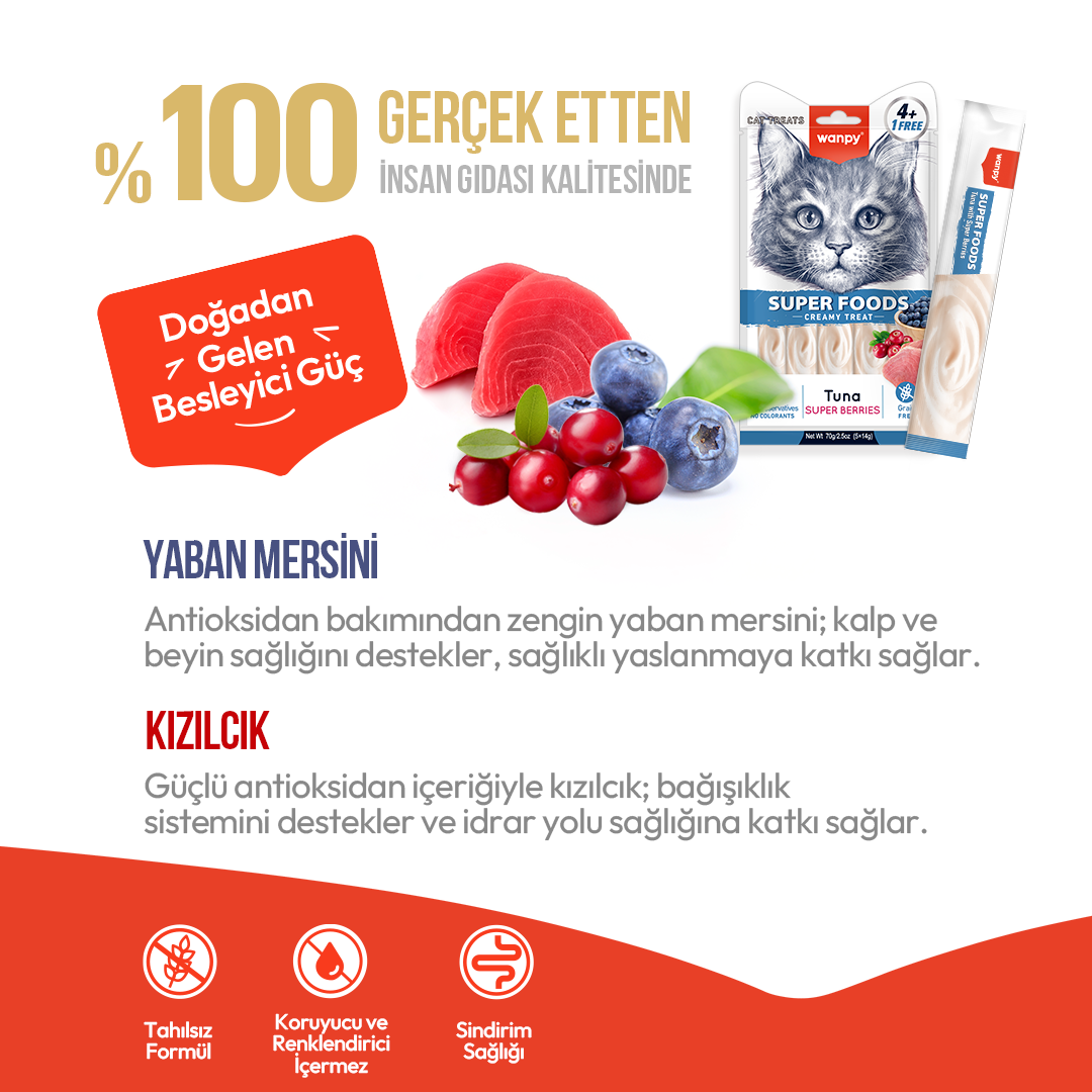 Wanpy Superfood Ton Balıklı, Yaban Mersini & Kızılcıklı Krema Kedi Ödülü